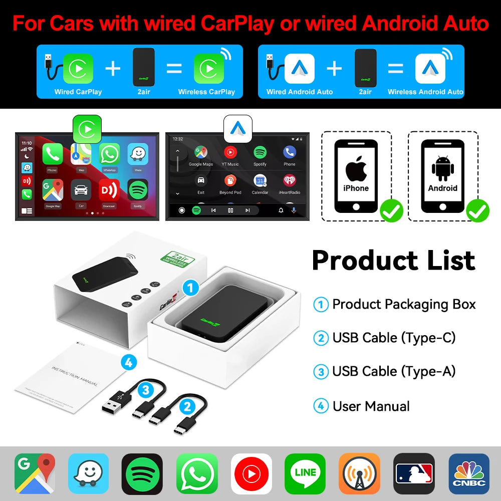 Wireless CarPlay & Android Auto Box 2025 – 5.0 2Air Dongle for Wired Car Radios