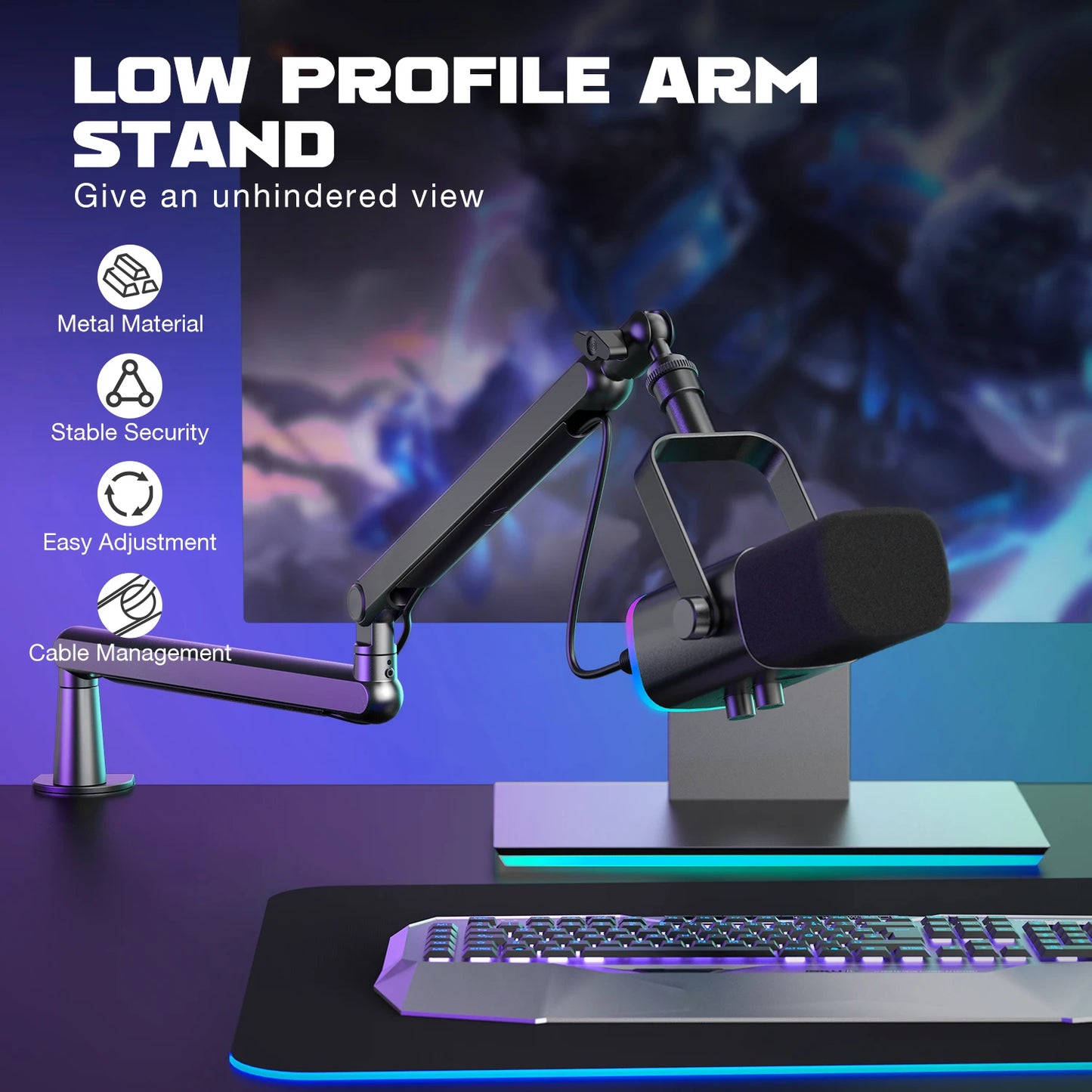Adjustable Low-Profile Microphone Arm Stand with Desk Clamp & Cable Management – Compatible with K688, AM8, BM88