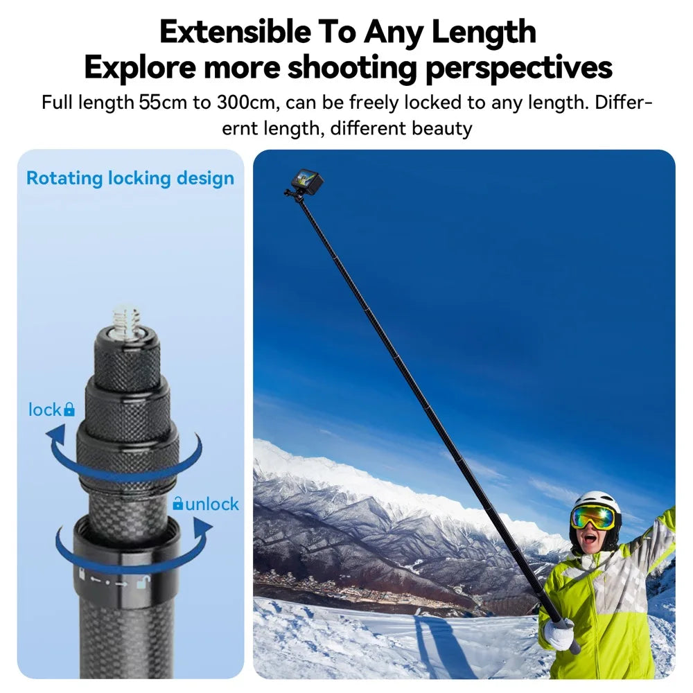 3M Carbon Fiber Selfie Stick for Insta360, GoPro, DJI – Aluminum Alloy Build