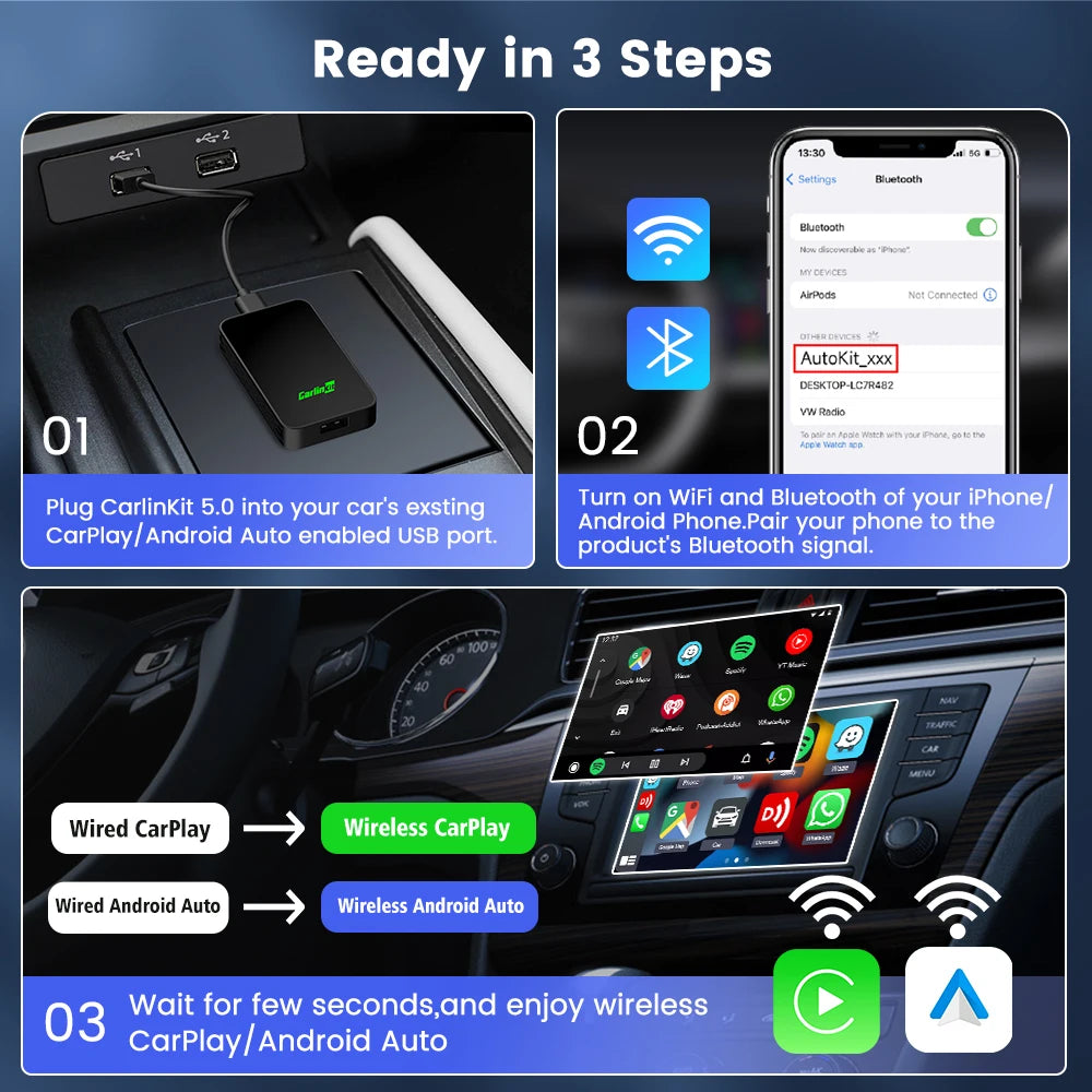 Wireless CarPlay & Android Auto Box 2025 – 5.0 2Air Dongle for Wired Car Radios