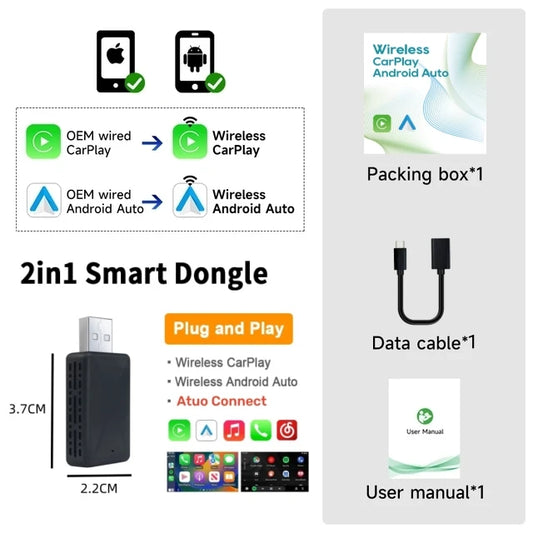 2-in-1 Wireless CarPlay & Android Auto Adapter – Smart Dongle for Volvo, Benz, Audi, Kia, Hyundai, VW & More