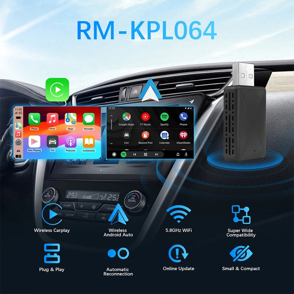 2-in-1 Wireless CarPlay & Android Auto Adapter – Smart Dongle for Volvo, Benz, Audi, Kia, Hyundai, VW & More