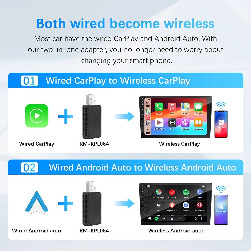 2-in-1 Wireless CarPlay & Android Auto Adapter – Smart Dongle for Volvo, Benz, Audi, Kia, Hyundai, VW & More