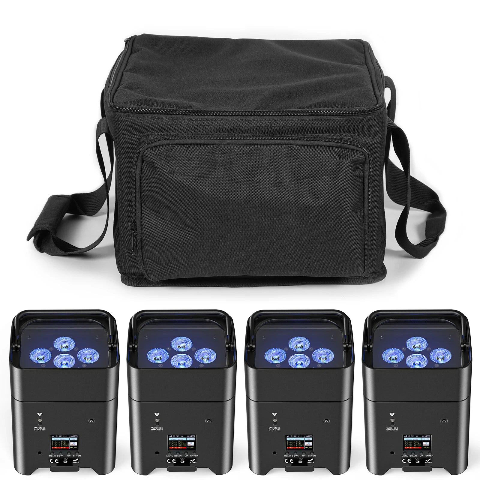 4PCS 6X18W RGBAW+UV LED Par Stage Lights with Bag DMX Remote Wireless Control for DJ Party Bar Event